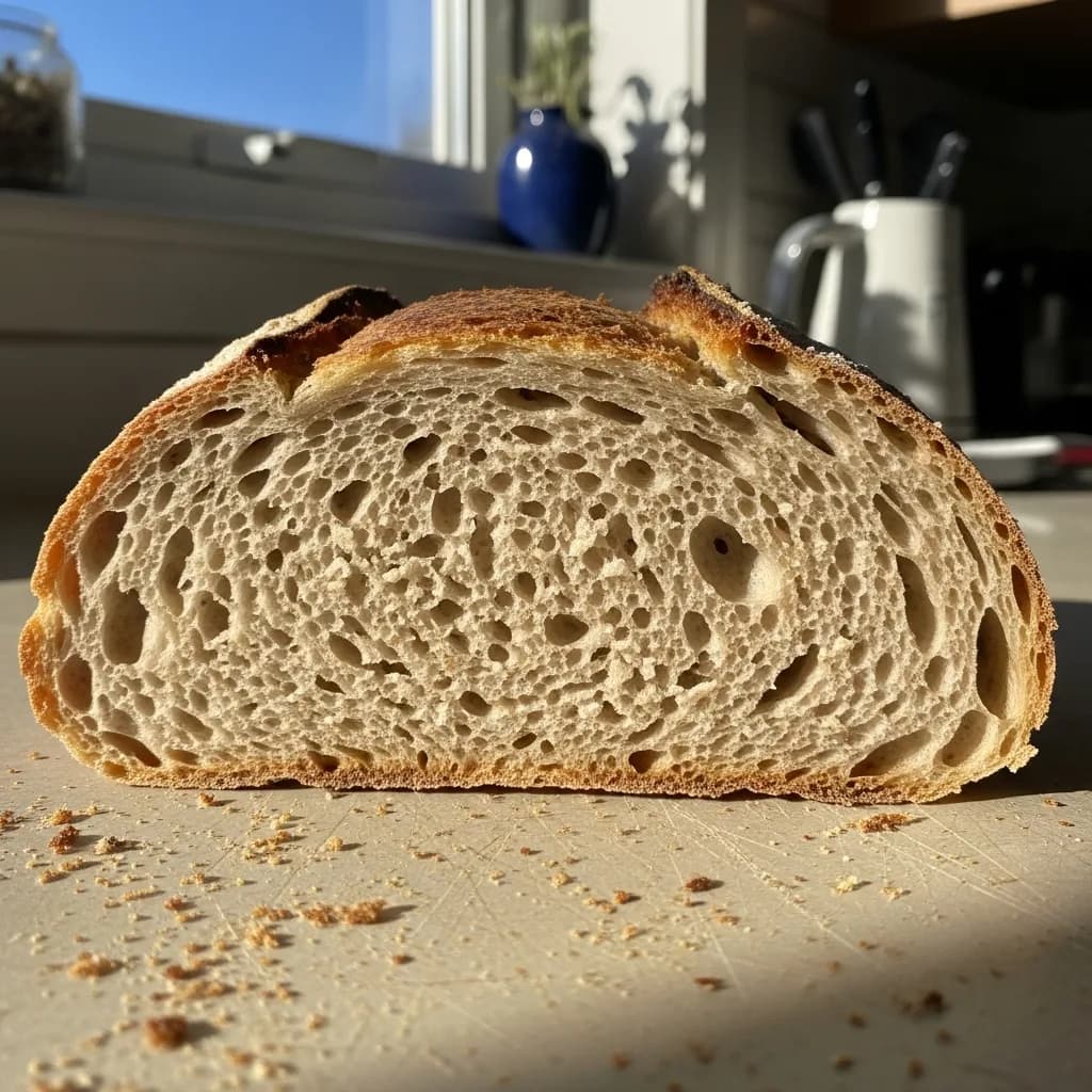 Overhead view of a gluten-free sourdough loaf cut open beside two slices, with kitchen knife and scattered flour on a wooden board